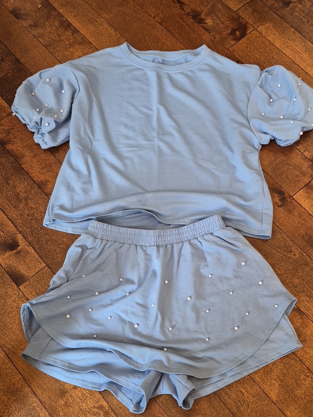 Amazon Light Blue Women's Two-Piece Top and Shorts Set with Pearl Accents
